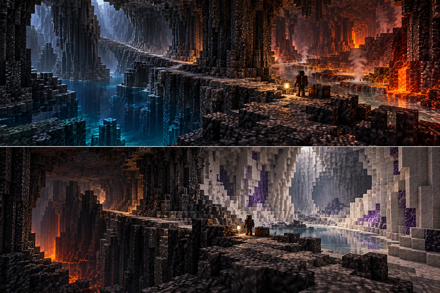 Upper: a dry elevated shelf passes from still Abyss water to separate thermal channels and cooled Mantle rock. Lower: dark basalt and localized warm fissures overlap pale mineral masses, restrained purple seams and a still-water recess.