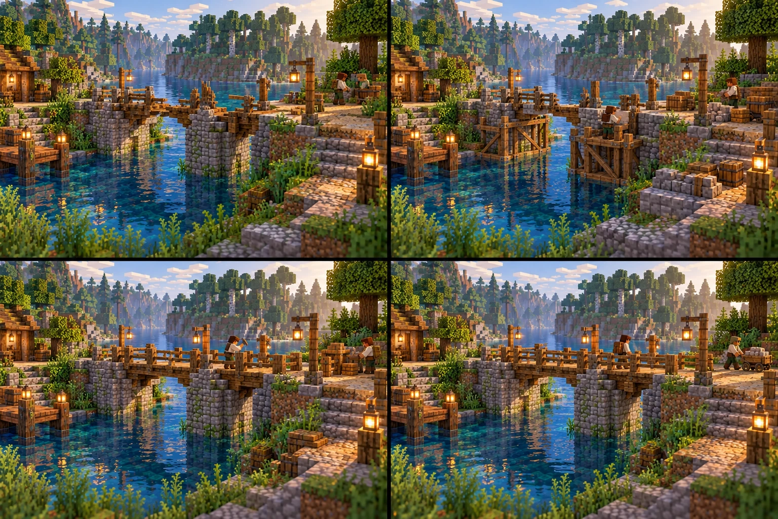 Upper left: the original stone piers and broken crossing leave a real gap over the water. Upper right: a supported timber work frame spans the gap while the route remains closed. Lower left: workers finish the deck and edge protection on the same piers. Lower right: the completed crossing carries a traveler and a handcart.
