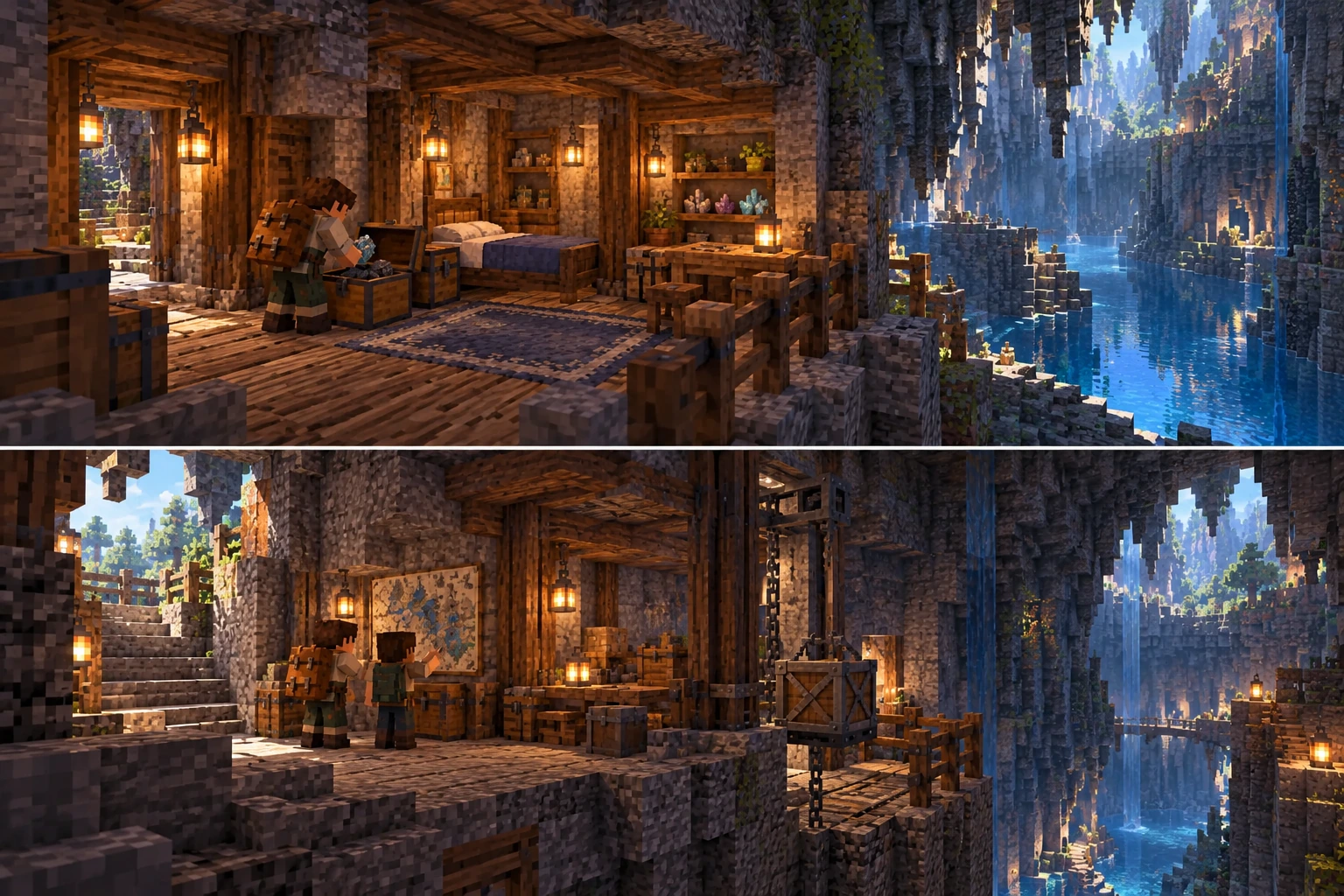 Upper panel: an Earth cave home with a bed, personal chests, specimens and a useful worktable. Lower panel: an entrance station with route information, guarded cargo handling and a separate walking stair.