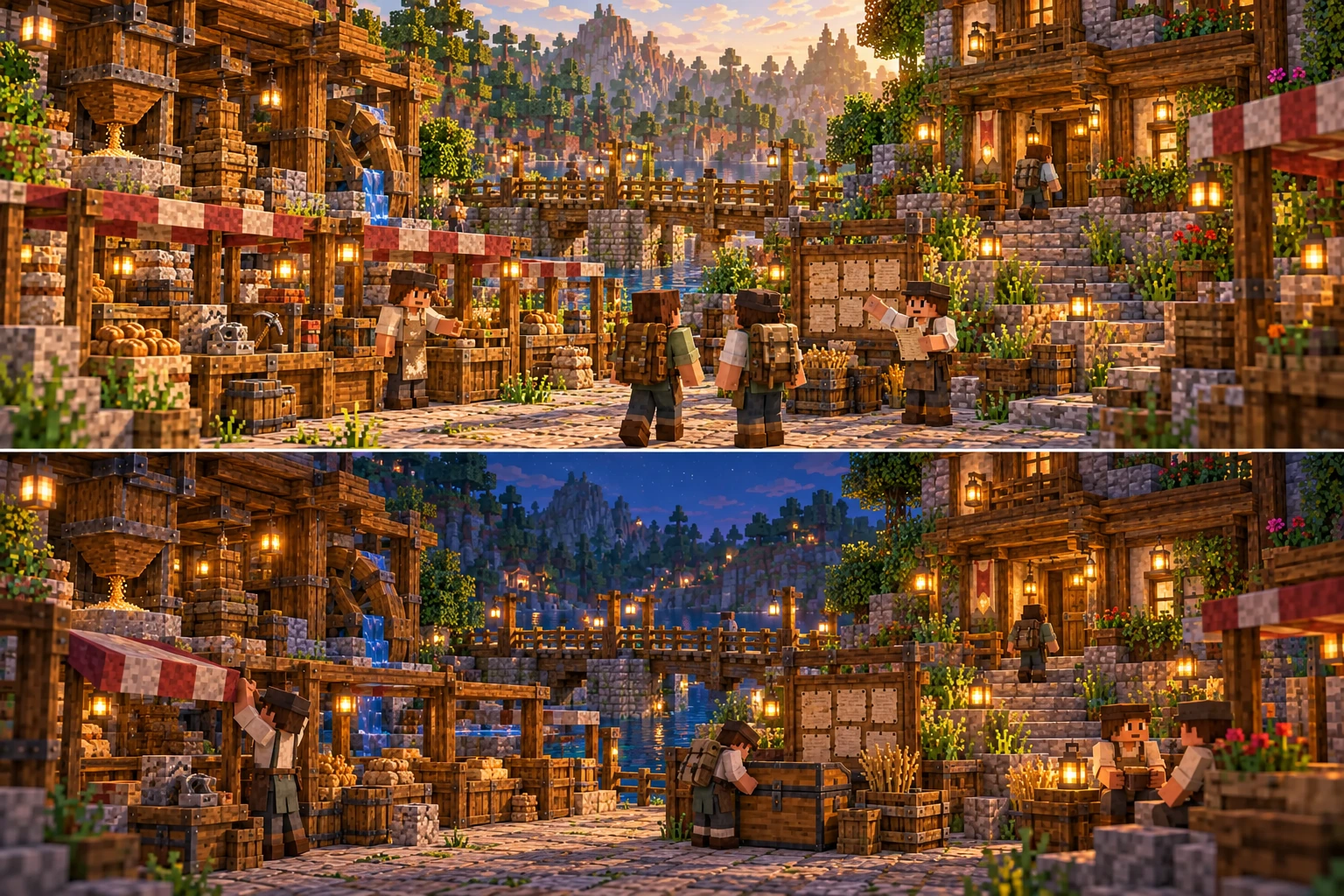 Upper panel: returning travelers enter the familiar market square beside working stalls and residents. Lower panel: the same square at blue hour, with stock being put away, an awning closing and people talking.