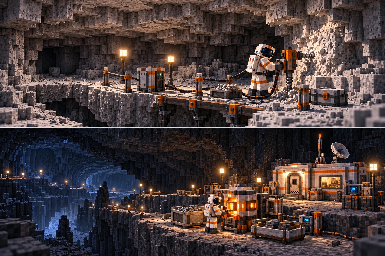Upper panel: a low, fully enclosed lunar dust-and-fracture cavity with braced extraction ledge, grounded drill, cable/source unit and finite sample tray. Lower panel: an immense enclosed basalt gallery with a small workshop, sealed suited worker, retained crates and closed habitat.