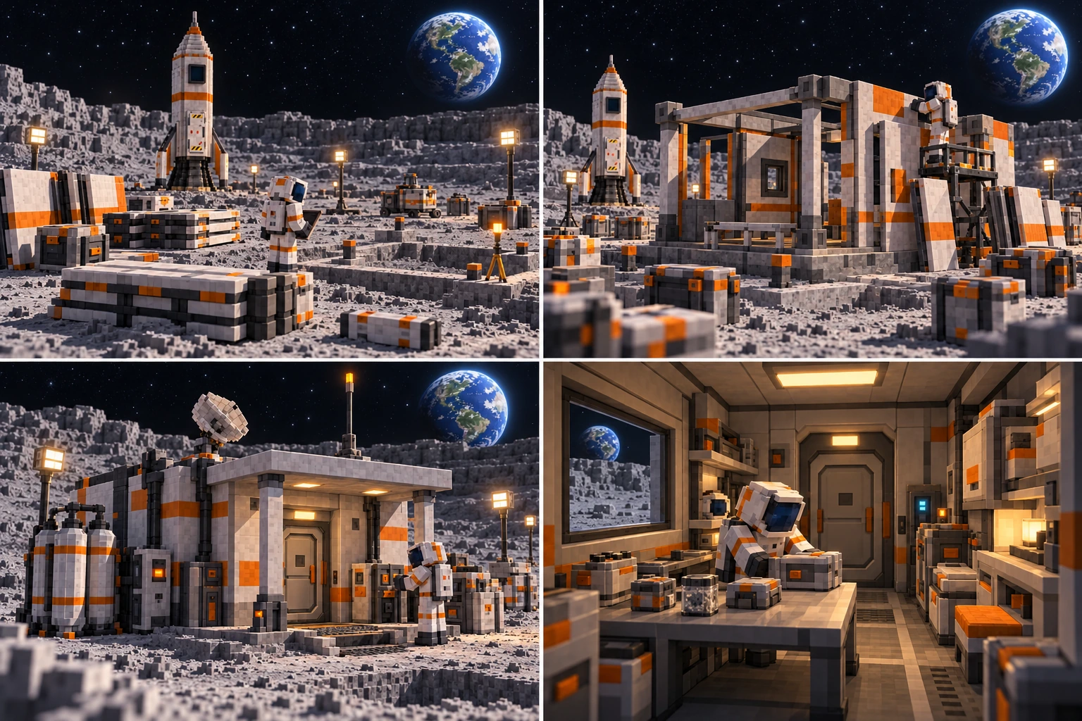 Upper left: finite delivered habitat panels, frames and supply cases beside the established expedition equipment. Upper right: a supported habitat frame being assembled by fully suited workers. Lower left: a complete closed exterior with distinct service equipment and protected access. Lower right: an occupied working interior with sample handling, storage and practical space.