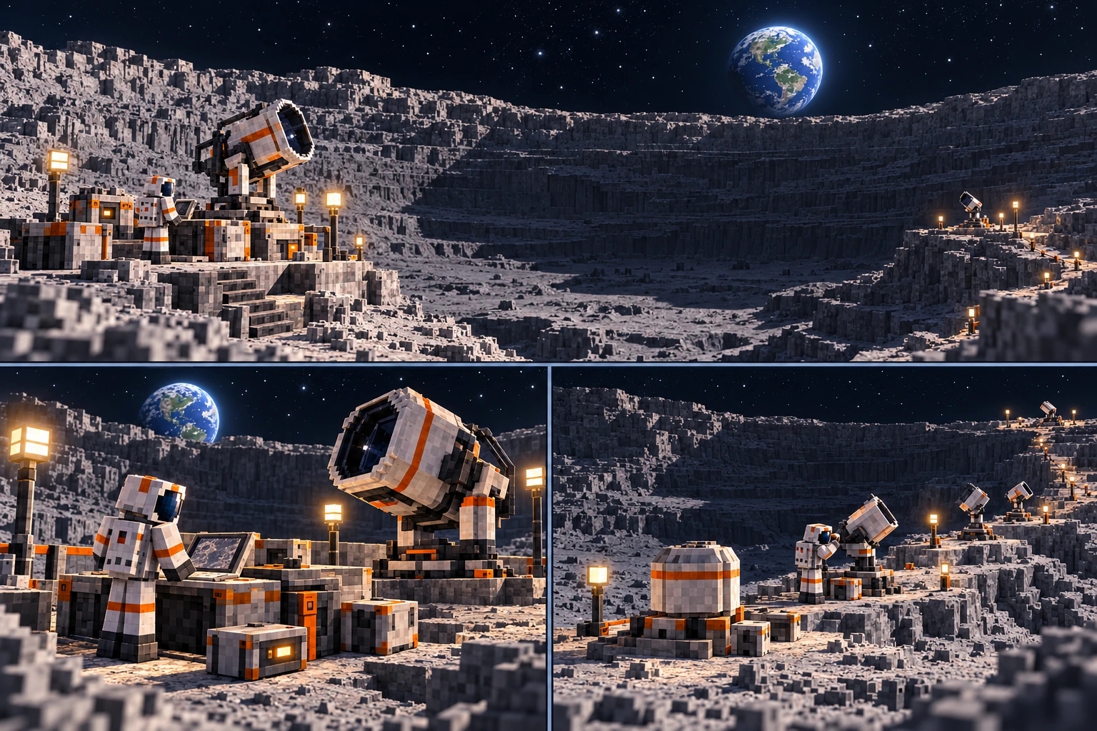 Upper panel: a sheltered crater-rim observation stance with a survey instrument and marked return access. Lower left: a fully suited explorer at an outdoor instrument workspace. Lower right: a local reflector and capped survey-mount connection along the rim.