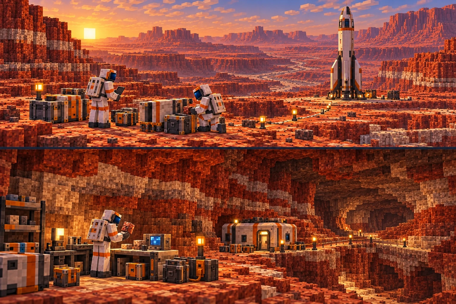 Upper panel: fully suited explorers inspect delivered cases on a Windcut Tablelands plateau; the confirmed Tier 2 rocket stands on the marked return route amid layered escarpments and dry channels. Lower panel: an enclosed Ochre Galleries chamber holds a compact analysis bench, sealed sample carriers, separate supplies and a small closed refuge beside a supported route.