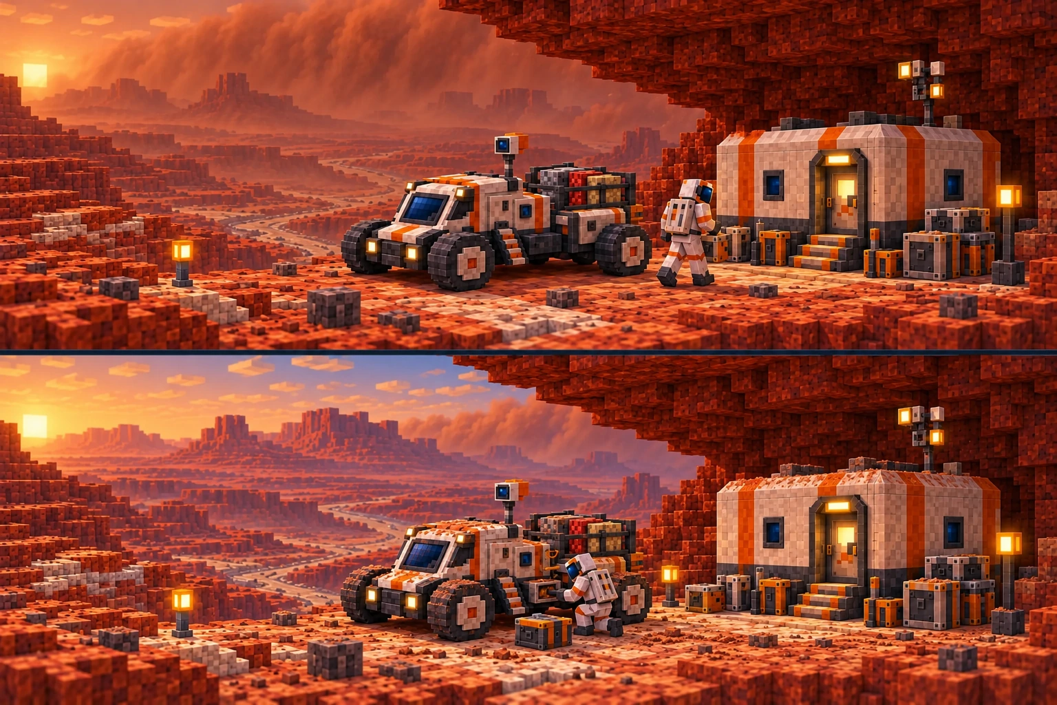 Upper panel: an approaching dust front softens the distant mesas while a suited explorer returns along the known route to a closed refuge and parked rover. Lower panel: the same refuge, rover, markers and mesas after dust deposition; a stopped service fitting and retained sample case are checked under the overhang.