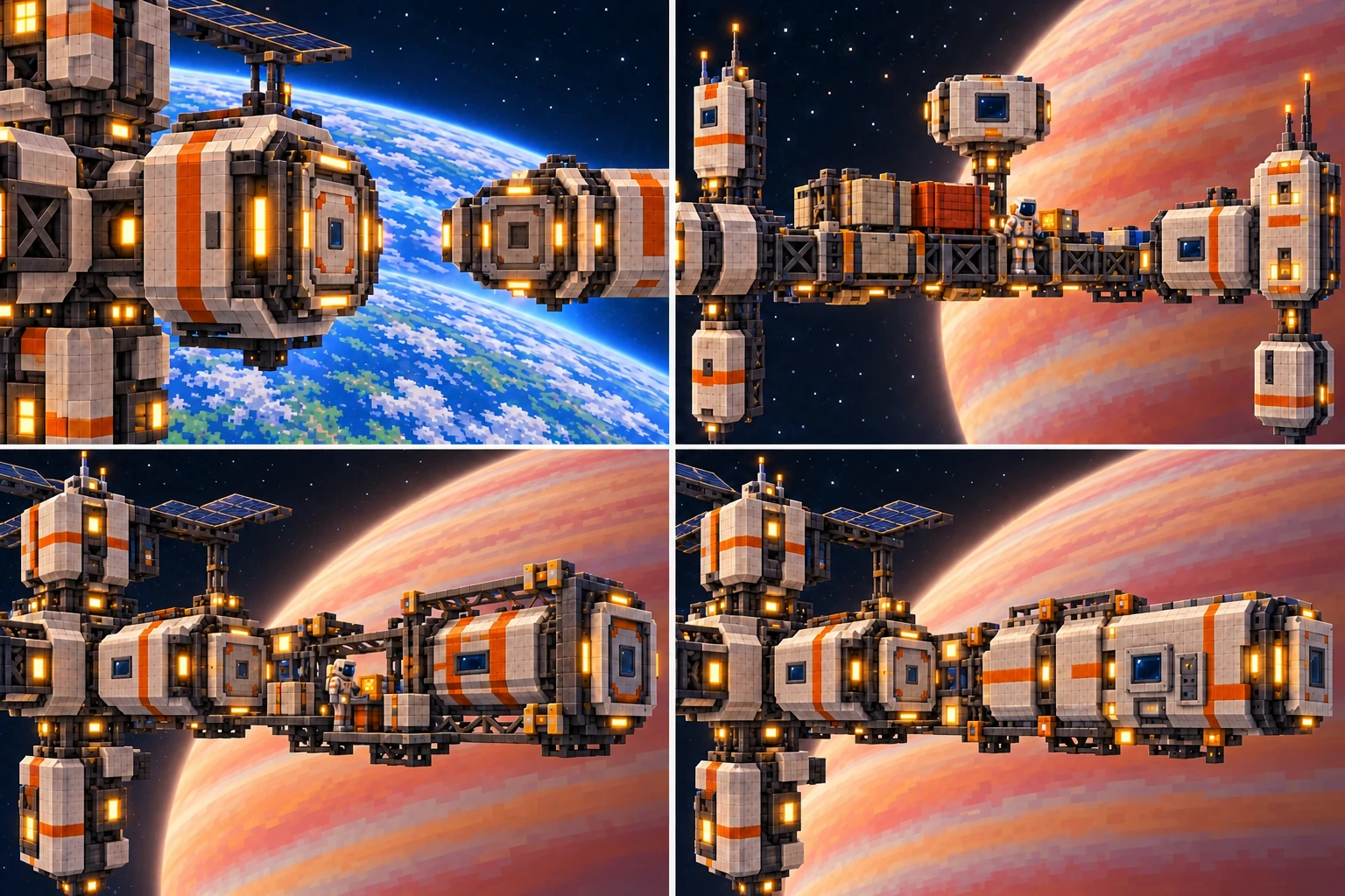 Upper left: above Earth, a small compatible capture fixture approaches a closed docking collar along a clear axis. Upper right: Transfer Yard receives restrained closed cargo at its established gas-giant route backdrop. Lower left: the same Transfer Yard has a capped core branch, supported work frame and delivered closed module shell. Lower right: the bounded storage/work addition is connected while the original core, refuge and departure access remain legible.