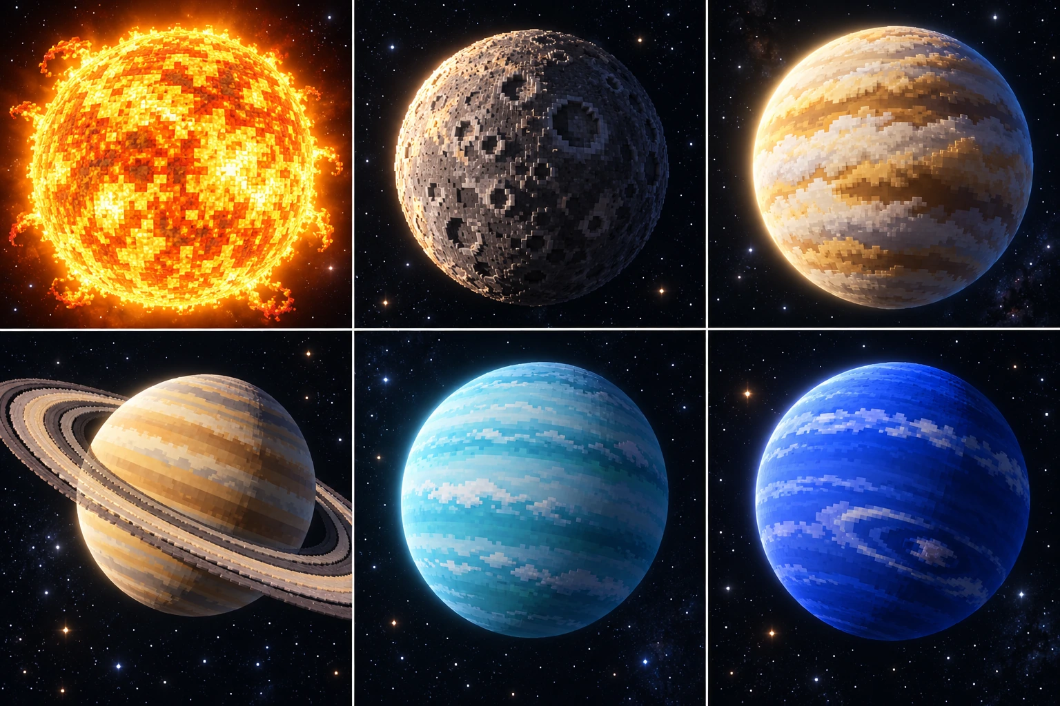 Upper left: a luminous warm Sun with broad pixel structure and a restrained space halo. Upper middle: Mercury as a lit cratered charcoal-gray rocky disc. Upper right: Venus wrapped in pale ochre and cream pixel cloud layers. Lower left: Saturn and its distinct inclined banded ring system, framed as an orbital context view. Lower middle: Uranus as a pale cyan disc with broad cloud bands. Lower right: Neptune as a deeper cobalt disc with pale cloud patches.
