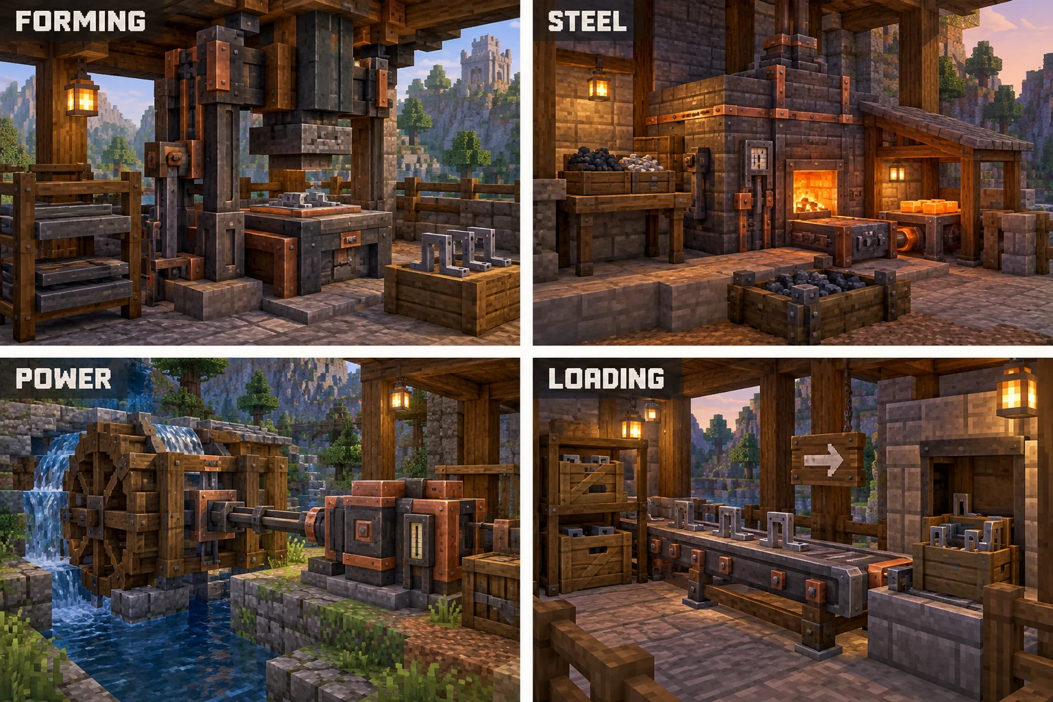 Four representative functions show the physical language of forming, controlled steel batches, modest site power, and local loading.