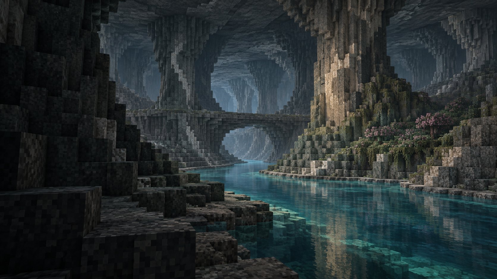 Cavern: a readable place with a quiet habitat. Strong columns and arches, a calm pool, sparse vegetation and controlled tonal variation.