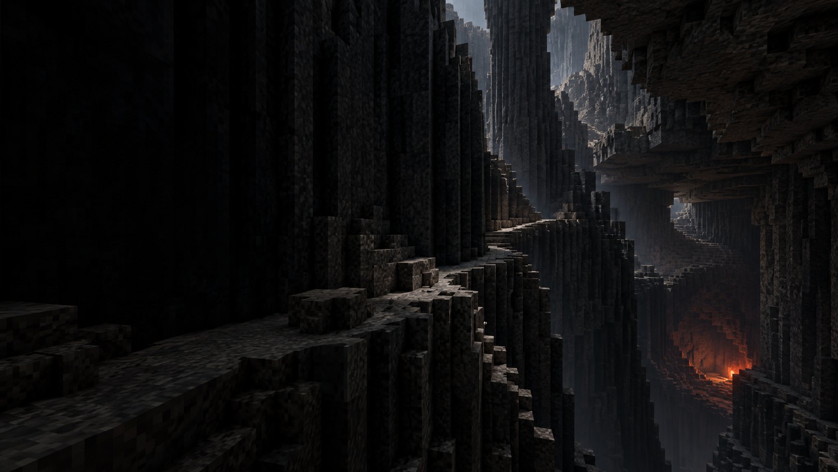 Chasm: geological scale and restraint. Substantial block topology, broad negative space and localized warm light.