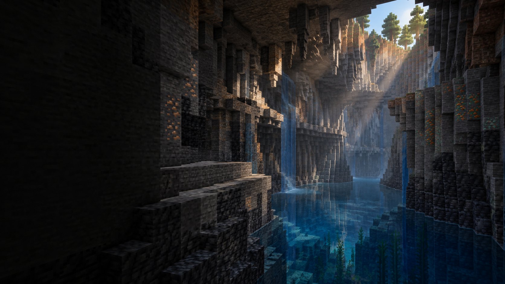 Ravine: material variation and depth. Rough pixel stone, large readable ledges, water and atmospheric light.
