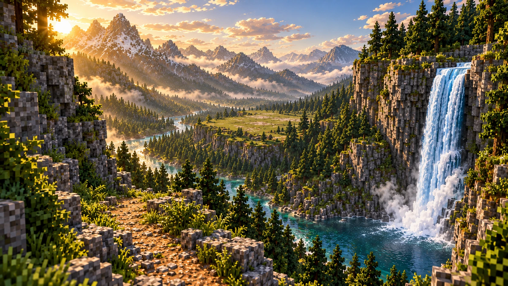 A bright waterfall marks the valley ahead.