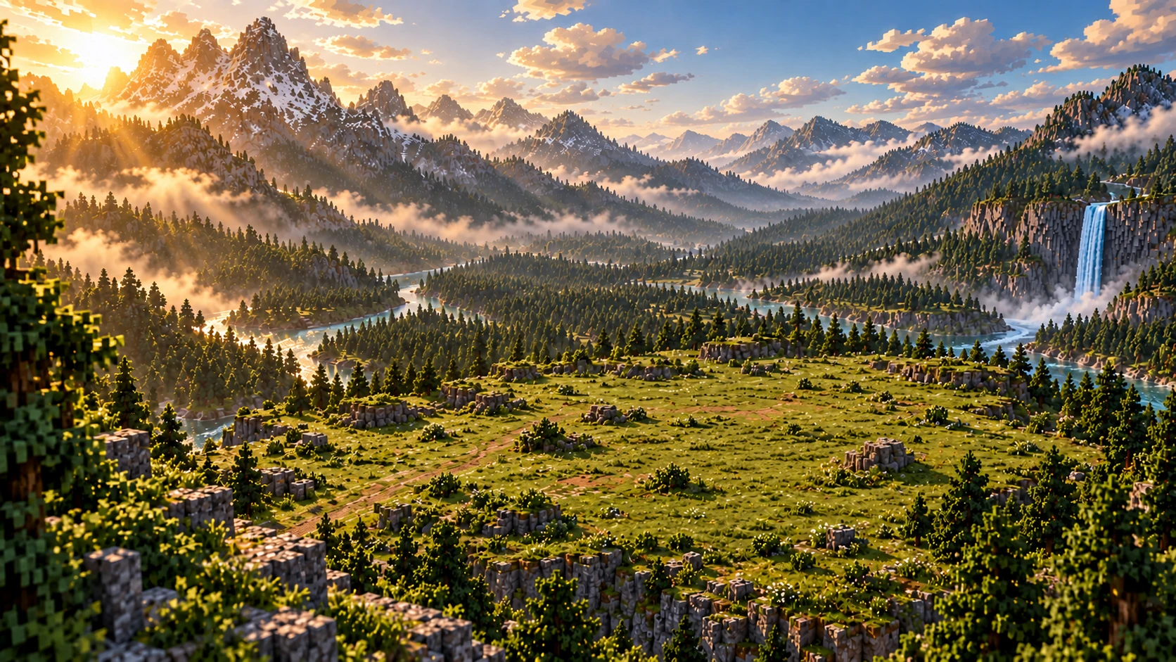 A road reaches the clearing beneath the mountains.
