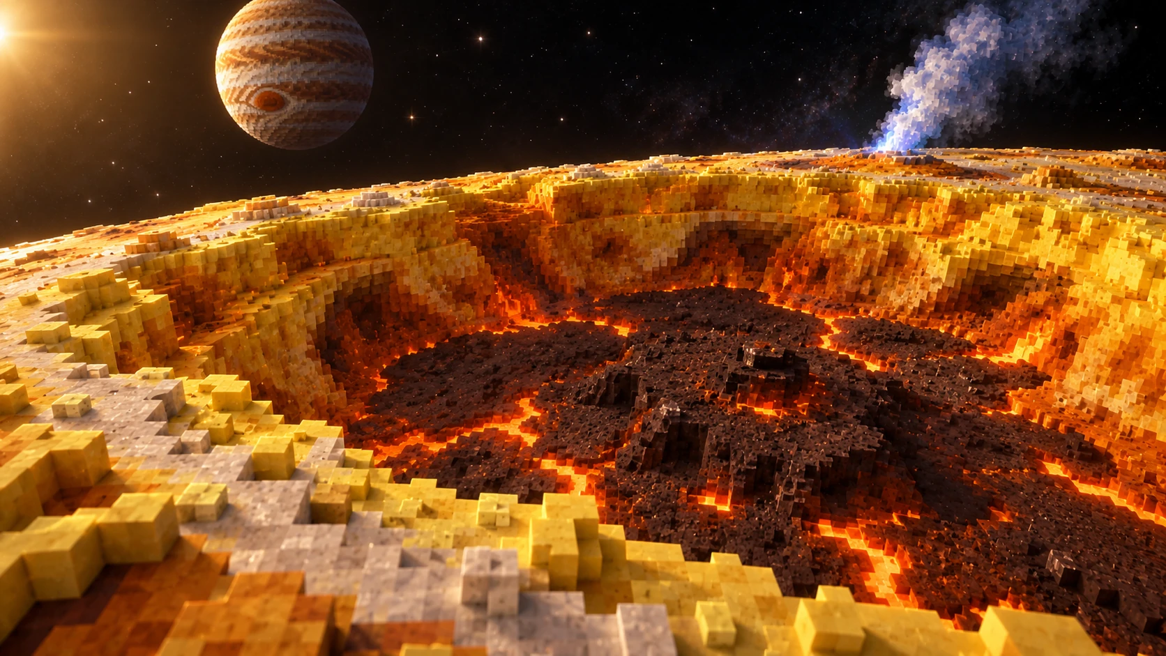 The dark caldera below