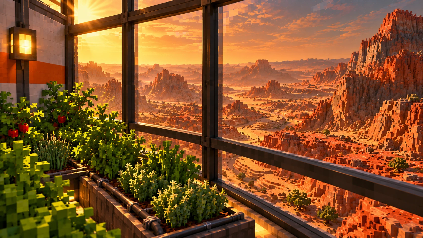 Glass separates the living interior from the red landscape.
