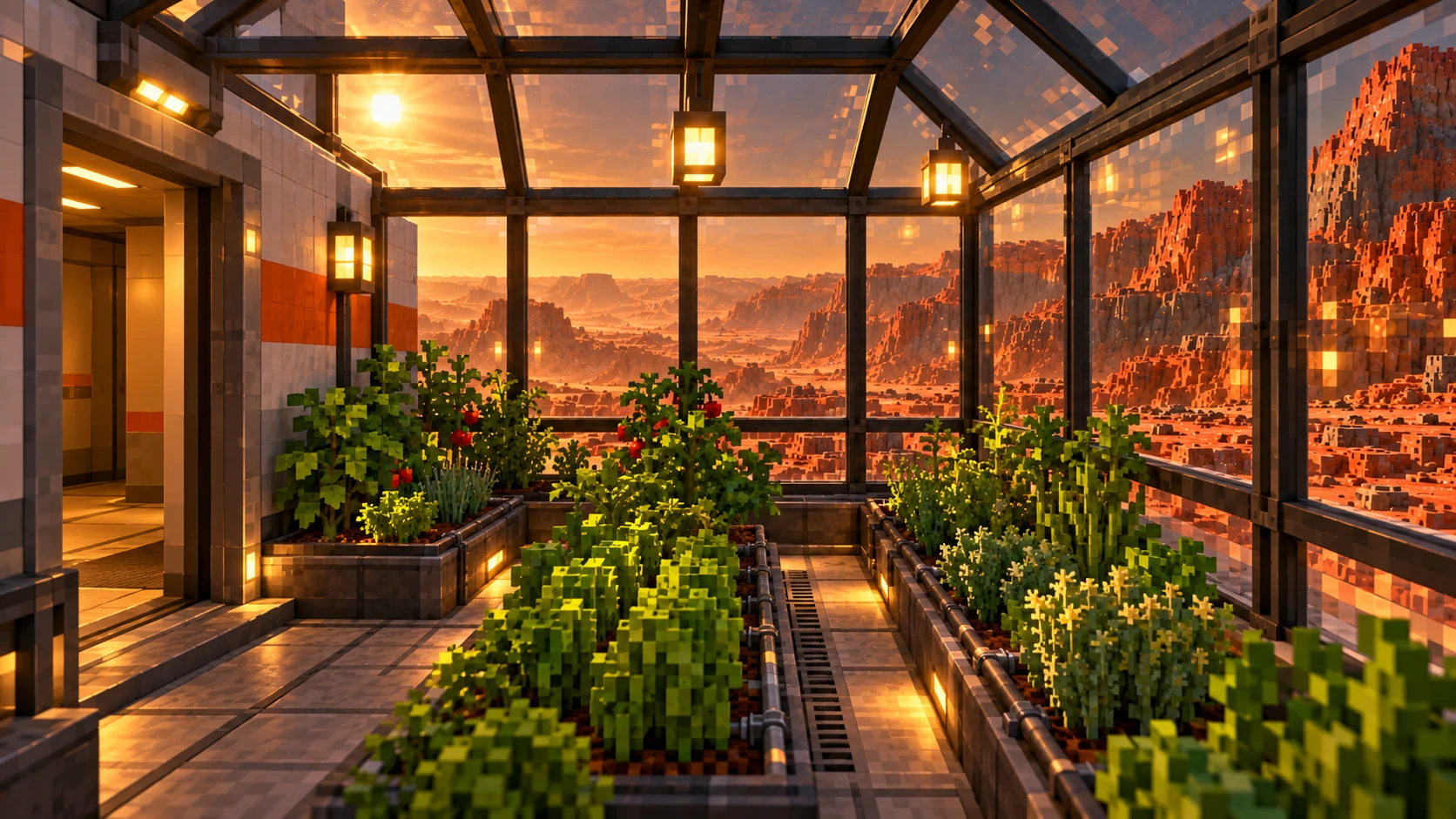 Rows of green lead through the greenhouse.