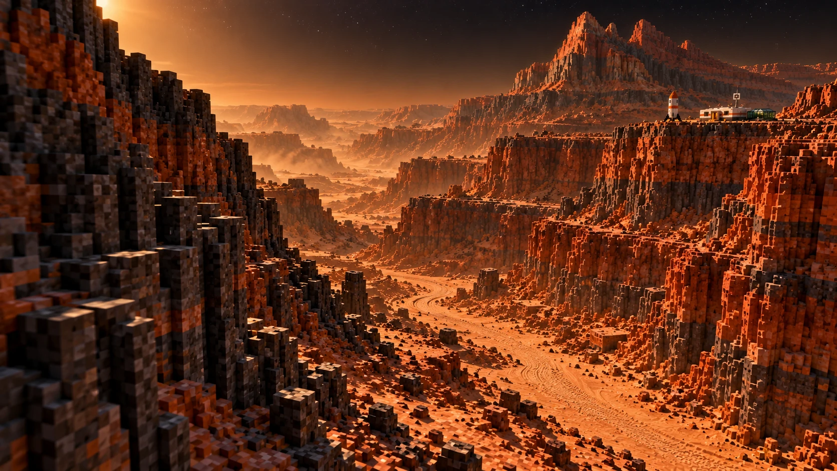 A small station sits beneath the notched mesa.