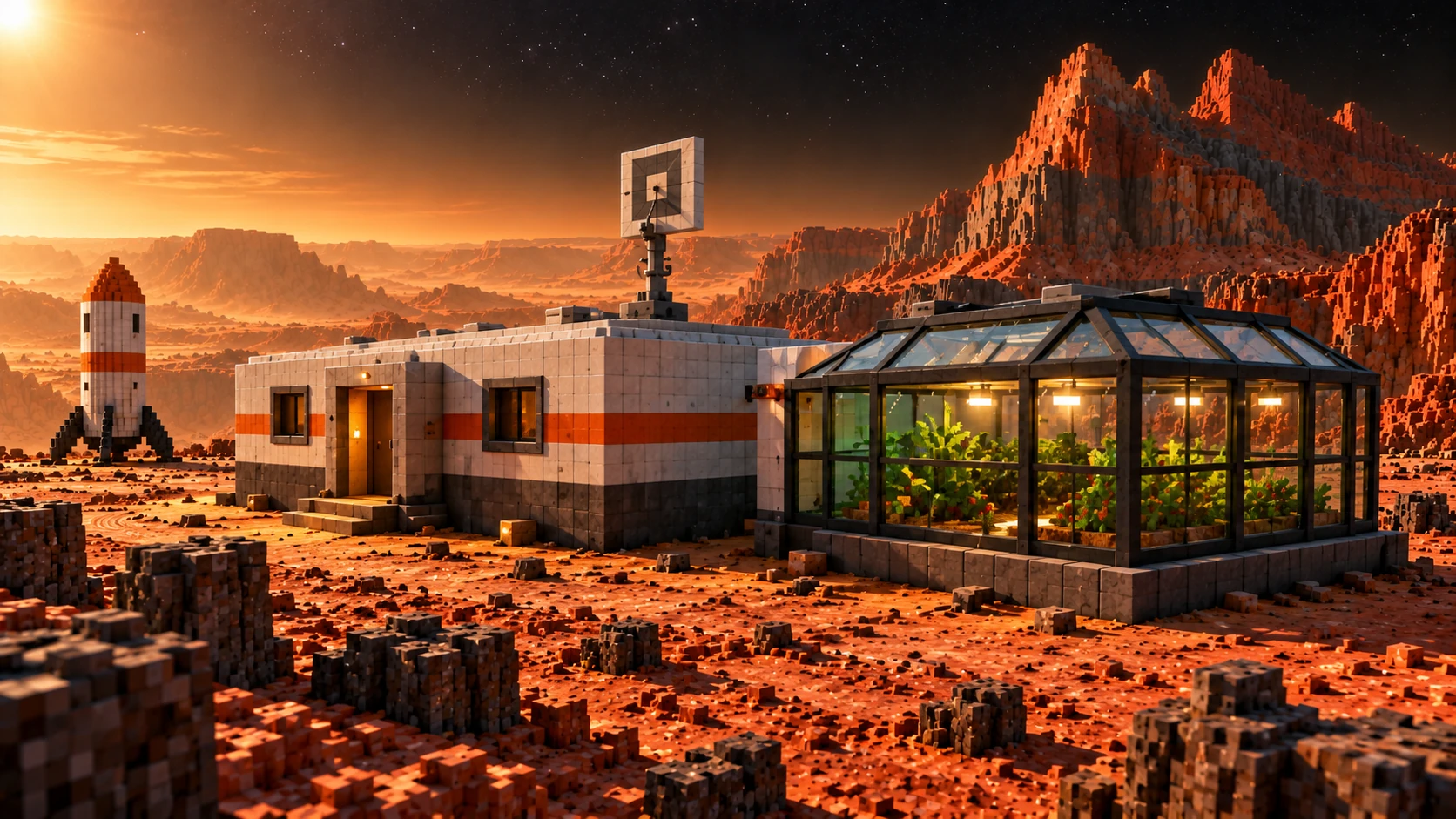 A dark greenhouse interrupts the warm station lights.
