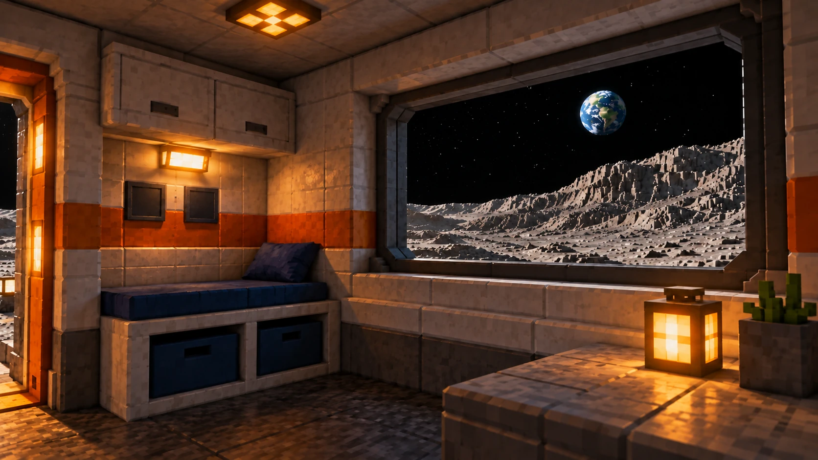 The window keeps the distant Earth in view.