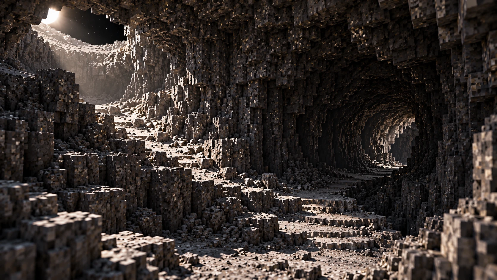 The path descends between ancient rock walls.