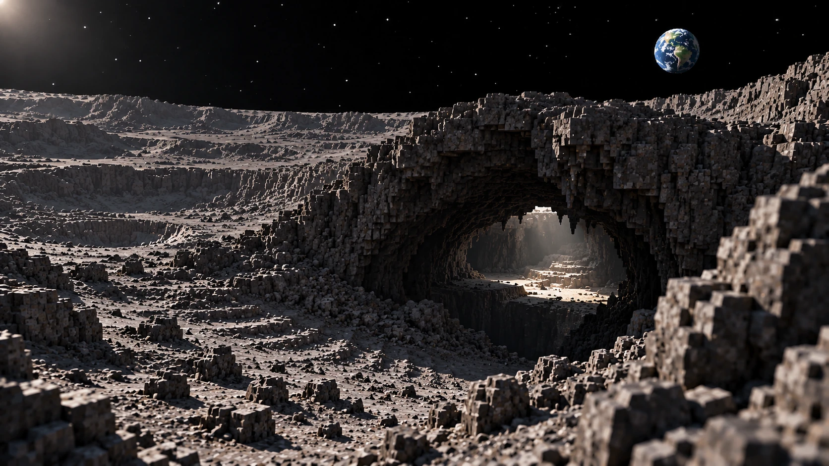 A dark opening interrupts the bright lunar surface.