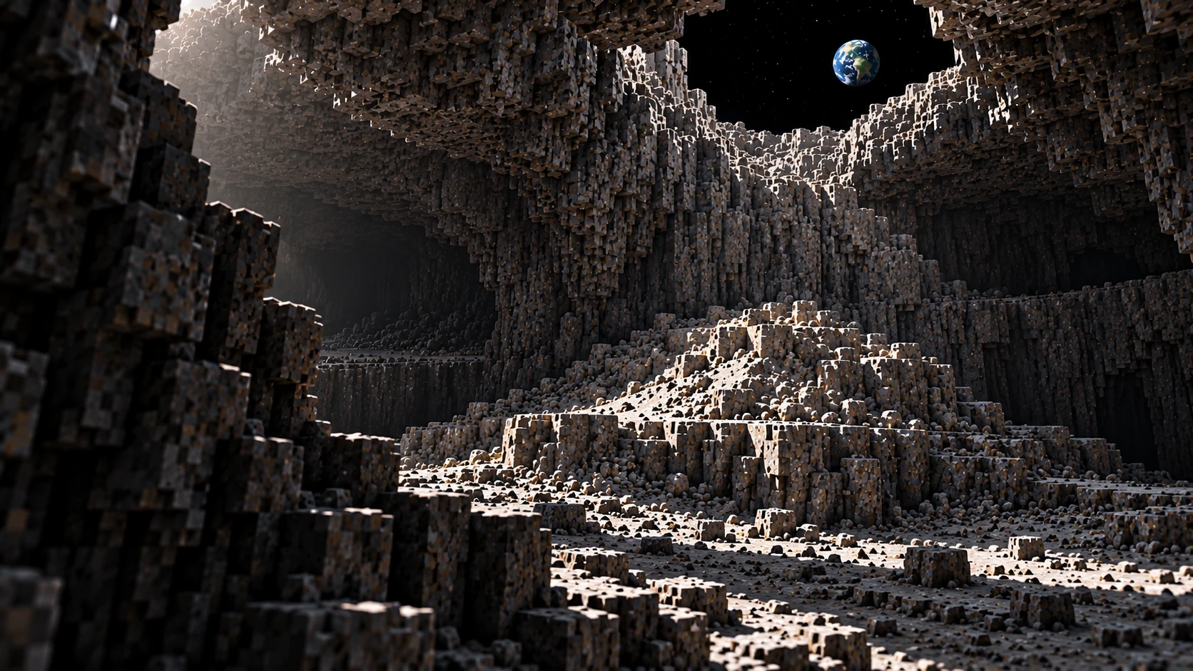 A break in the ceiling carries daylight underground.