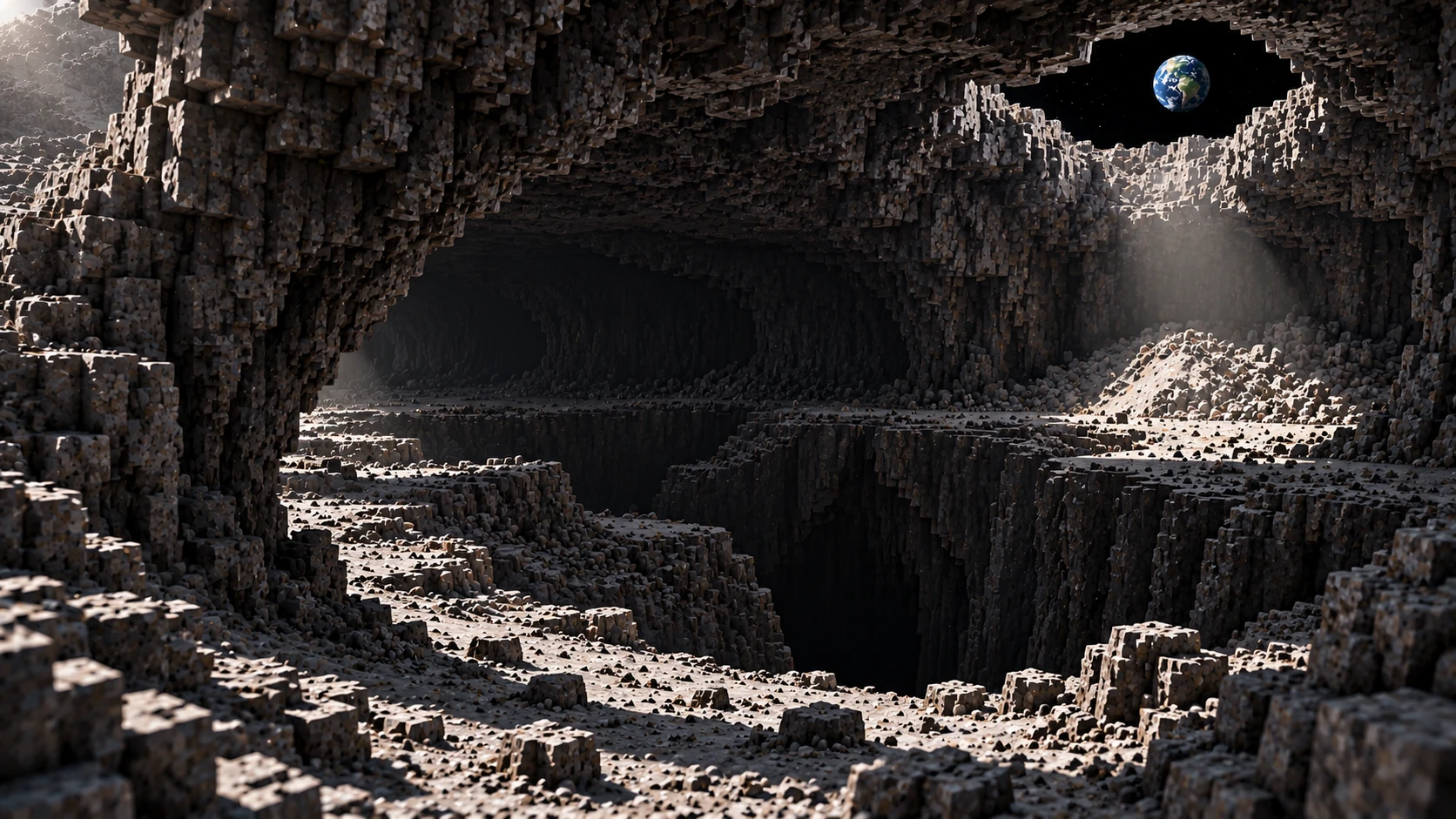 The narrow descent opens into a larger chamber.