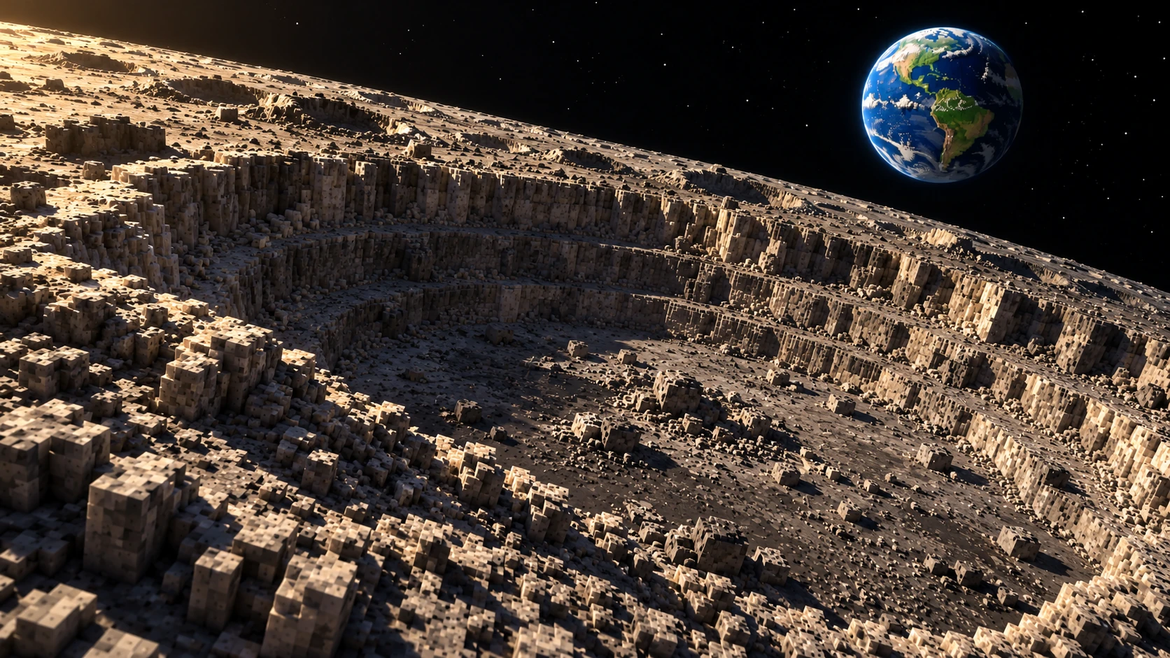 A blue-green Earth hangs over the grey foreground.