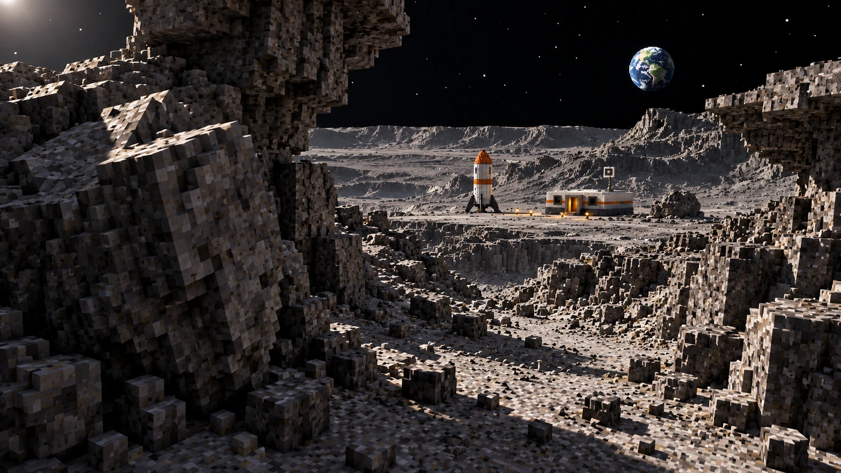 The refuge and parked rocket give the ridge its scale.