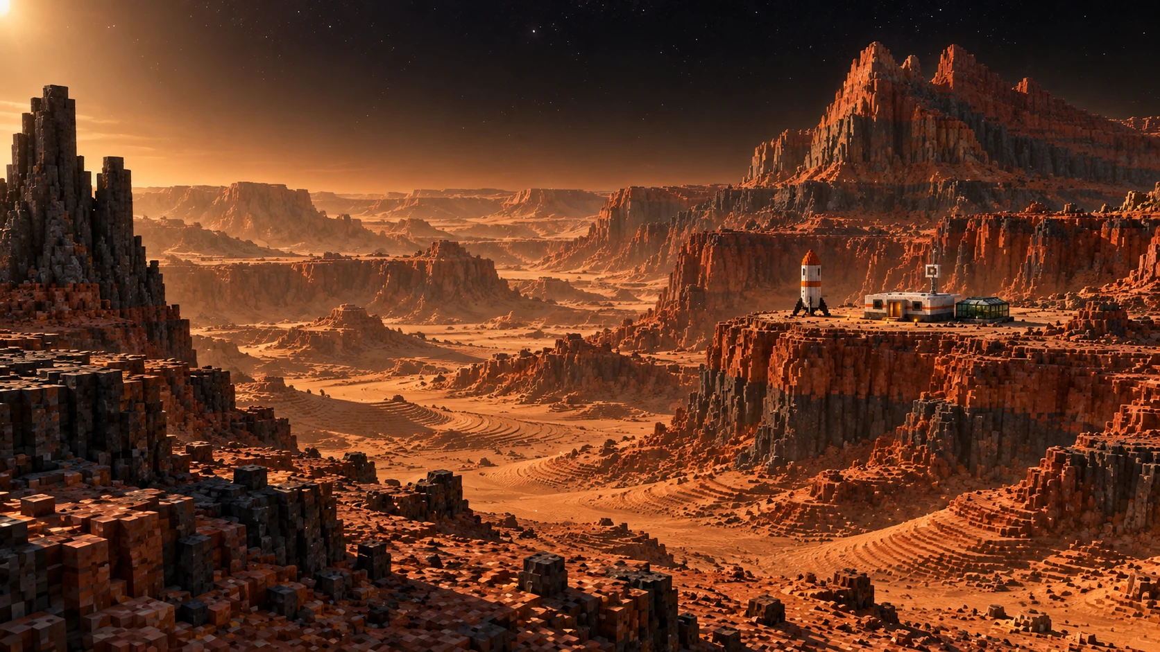 A dark spire rises above the canyon walls.