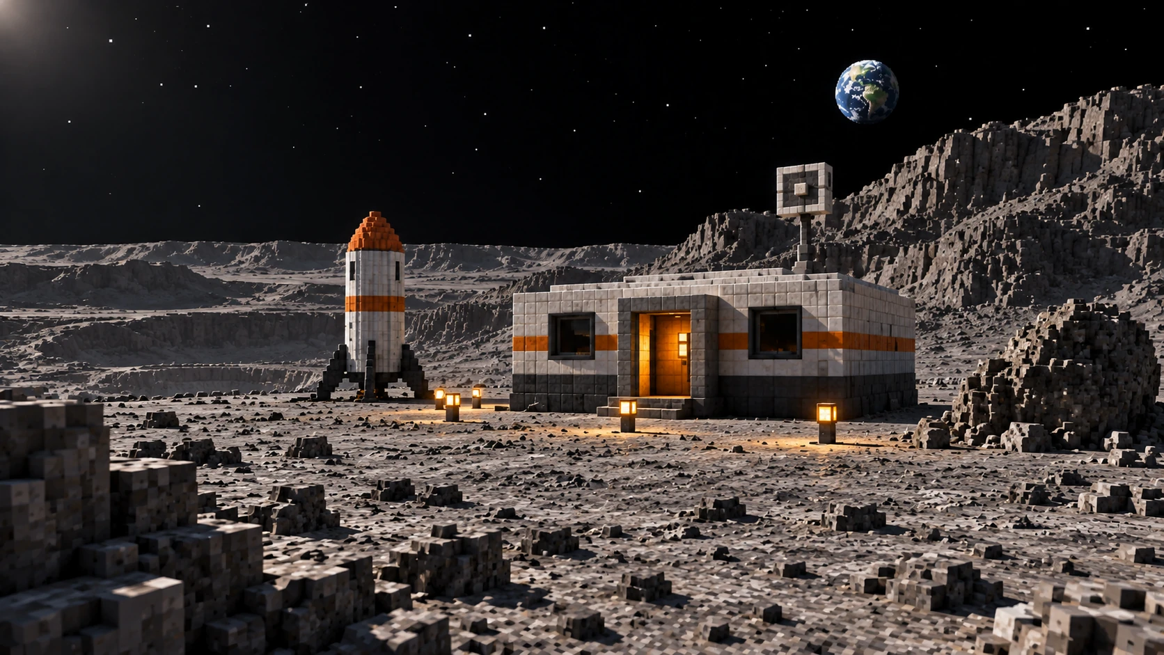 White and grey modules stand beneath the same Earth.
