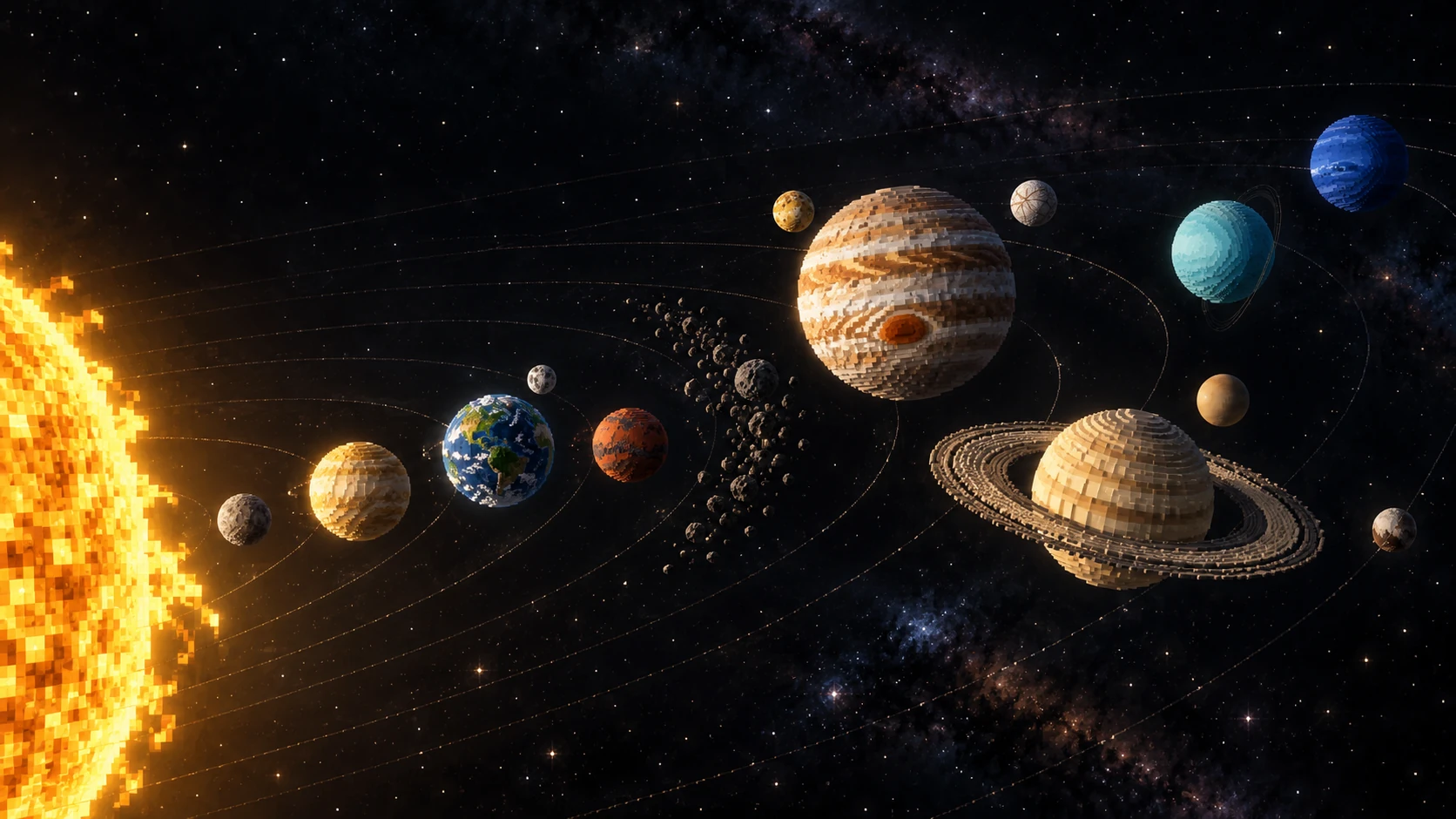 Cinematic voxel solar system: the Sun and eight planets, with the Moon beside Earth, Ceres in the asteroid belt, Io and Europa beside Jupiter, Titan beside Saturn, and distant Pluto.